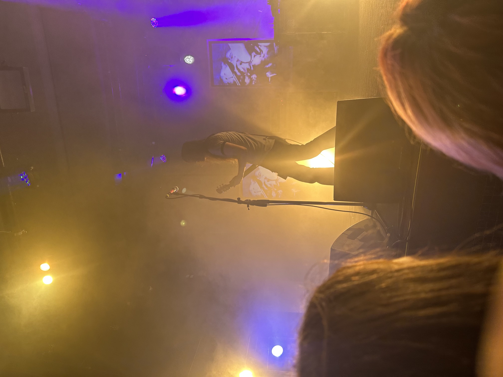 Live show, performer in amber and purple light