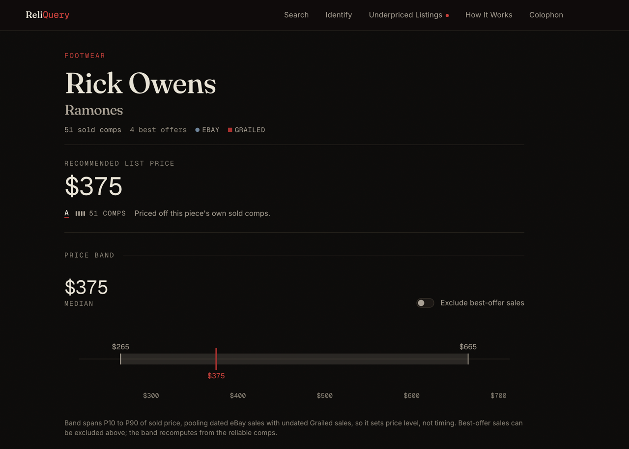 ReliQuery piece view for the Rick Owens Ramones: 51 sold comps across eBay and Grailed resolve to a recommended list price of $375, graded A, with a P10-to-P90 price band from $265 to $665 around the $375 median